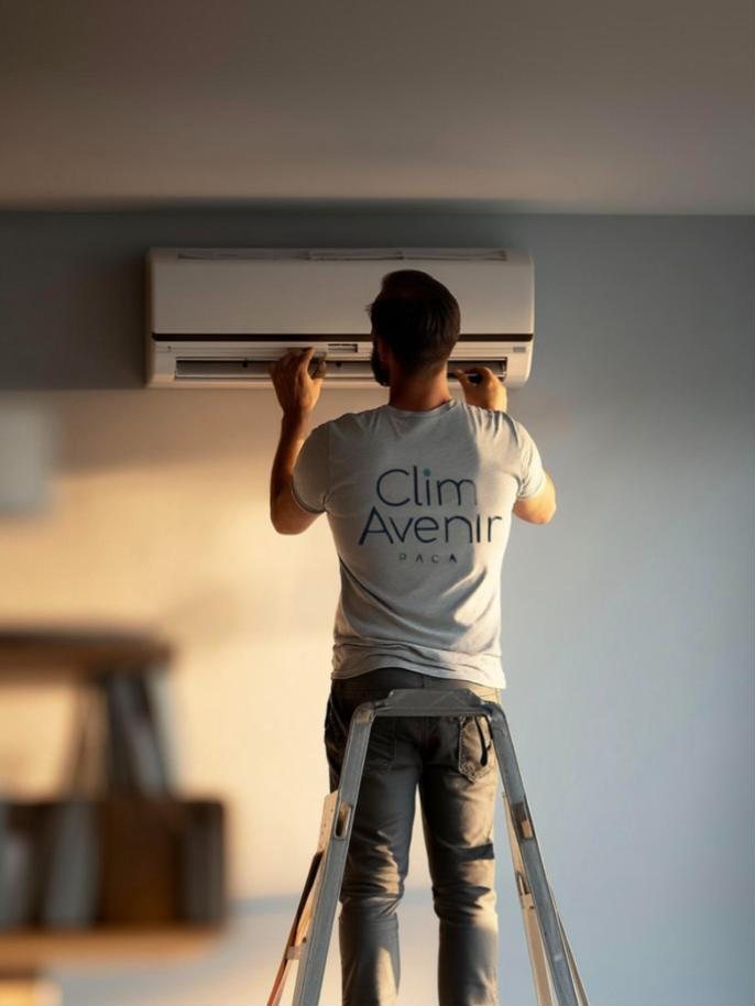 Technicien Clim Avenir en intervention sur une climatisation murale