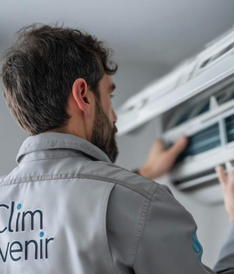 Technicien Clim Avenir nettoyant une climatisation murale